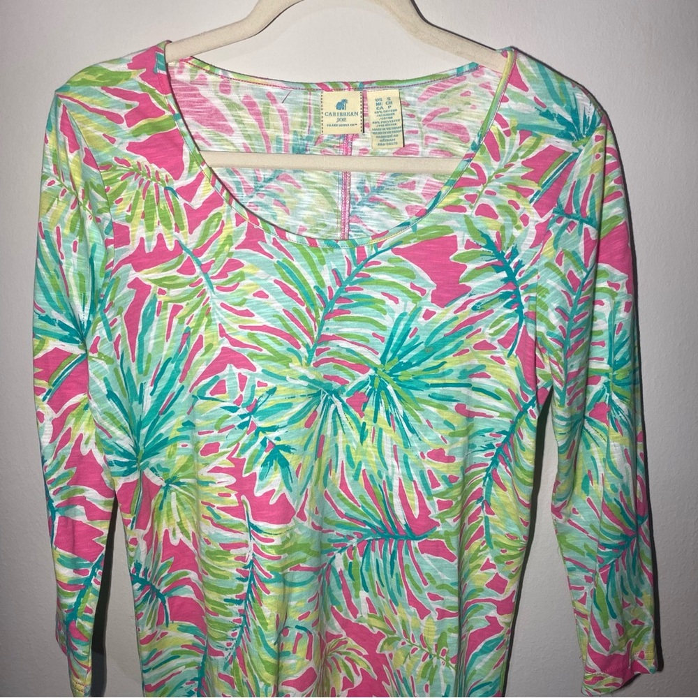 Caribbean Joe Women's Small Dress Pink Green Tropical Floral Print 3/4 Sleeve - Picture 2 of 7